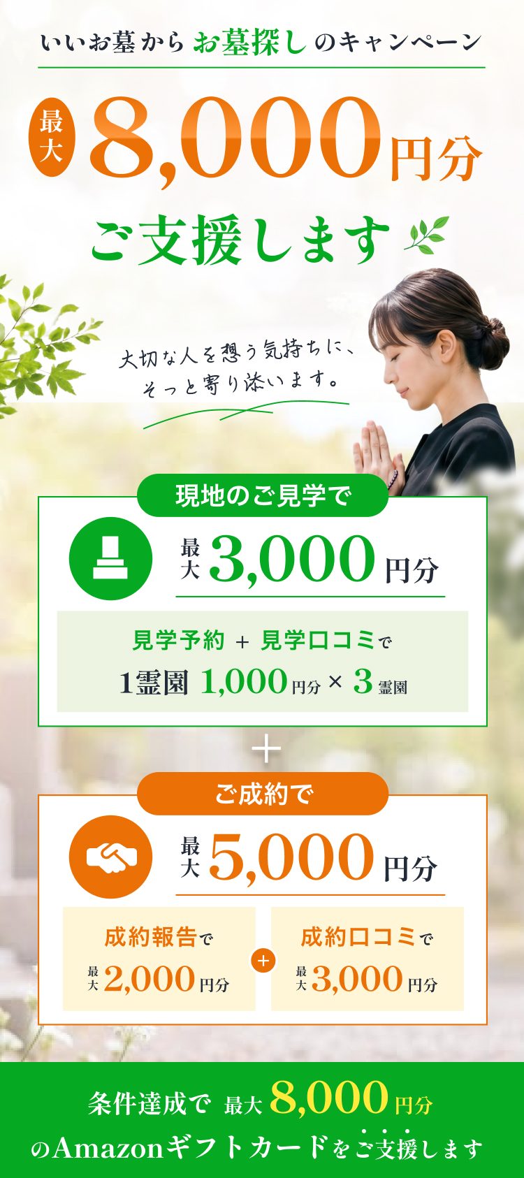 いいお墓からお墓探しのキャンペーン｜現地のご見学で最大3,000円分＋ご成約で最大5,000円分、合計最大8,000円分のAmazonギフトカードをご支援します